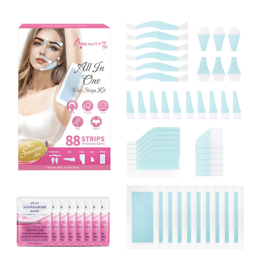 Beauty7 Eyebrow Wax Strips, 88pcs All in One Body Wax Strips, Lip Waxing Strip, Bikini Legs Arms Facial Wax Strip, Hair Removal with 8 Calming Oil Beauty and Personal Care Beauty7