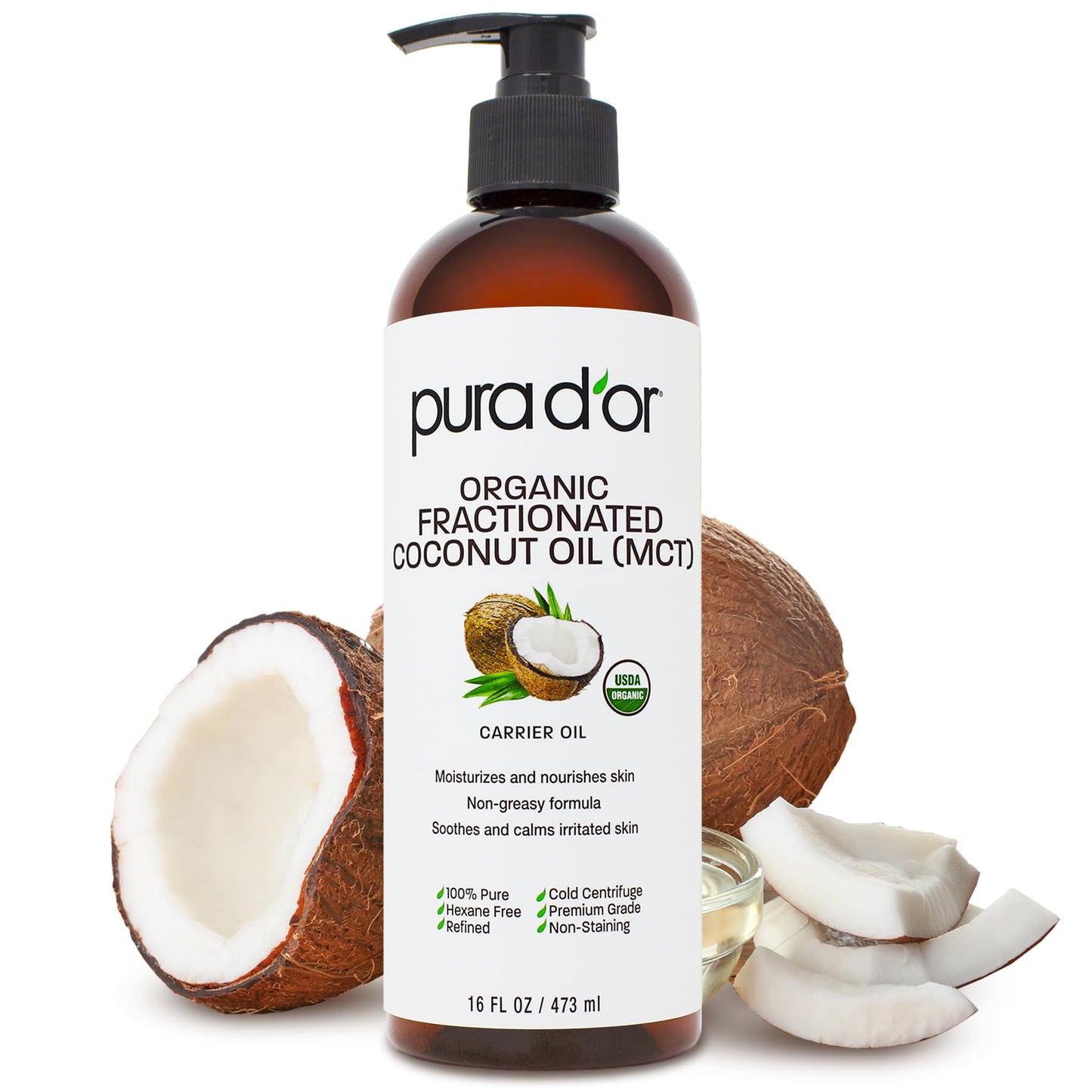 PURA D'OR ORGANIC Fractionated Coconut Oil MCT Oil (16 Oz) 100% Pure & Natural USDA Certified Beauty & Personal Care PURA D'OR