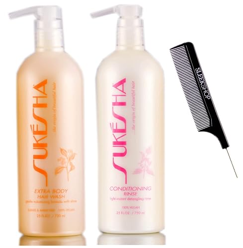Sukesha Extra Body Hair Wash Shampoo & Conditioning Rinse Conditioner DUO Set (w/Sleek Comb) Gentle Volumizing Formula, Light Detangling, 100% Vegan Beauty & Personal Care Sukesha