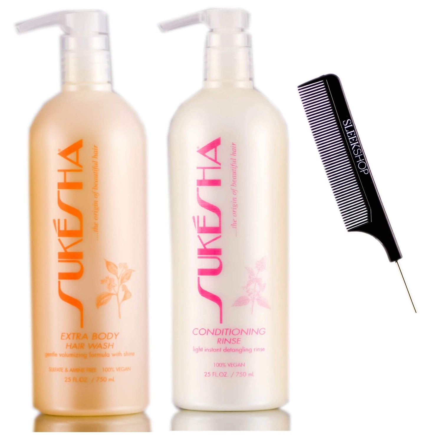 Sukesha Extra Body Hair Wash Shampoo & Conditioning Rinse Conditioner DUO Set (w/Sleek Comb) Gentle Volumizing Formula, Light Detangling, 100% Vegan Beauty & Personal Care Sukesha