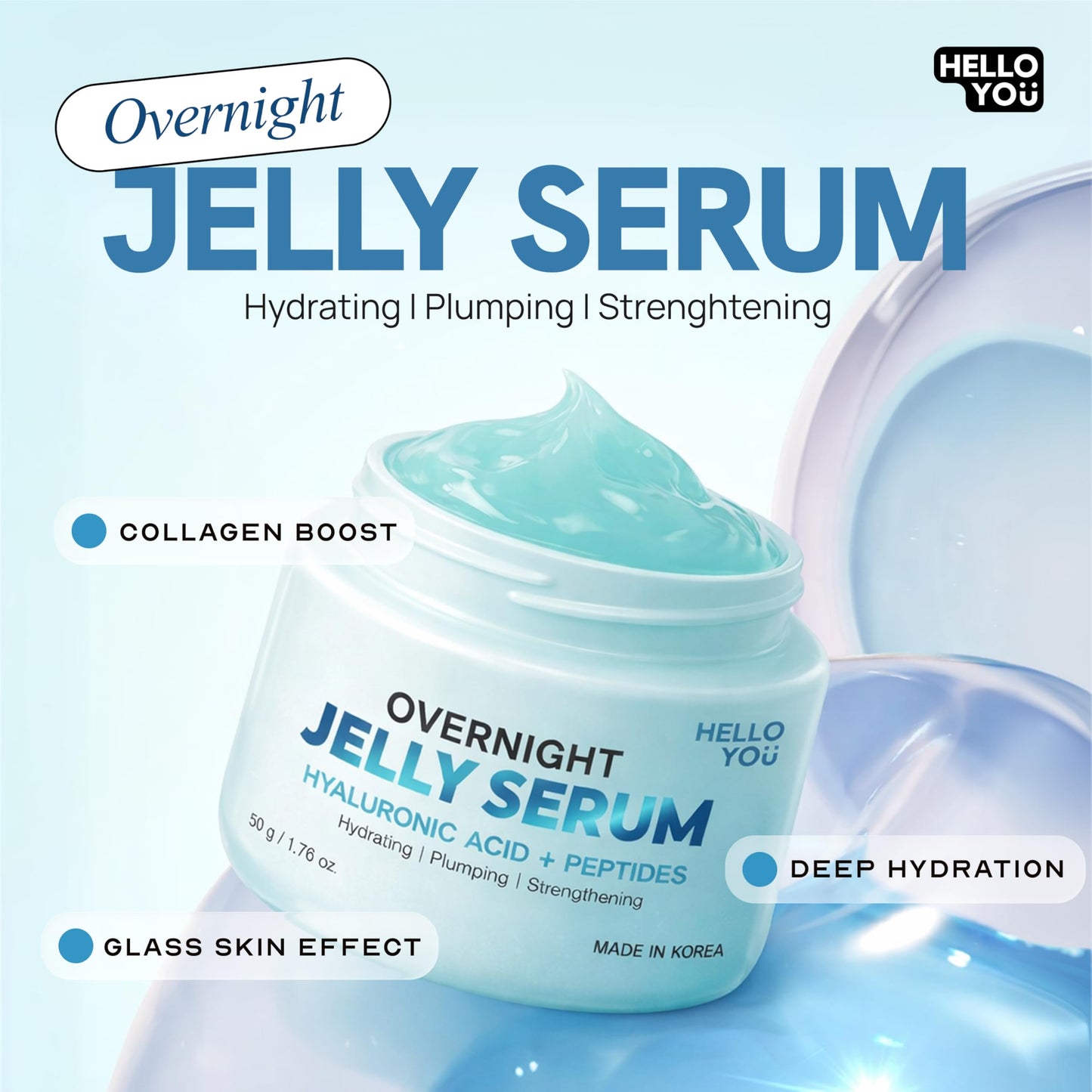 Hello You Hyaluronic Acid & Peptides Overnight Jelly Serum - Dermatologist Tested, Anti Aging, Korean Skin Care - Hydrating, Plumping Glow, 3-In-1 Beauty & Personal Care Hello You