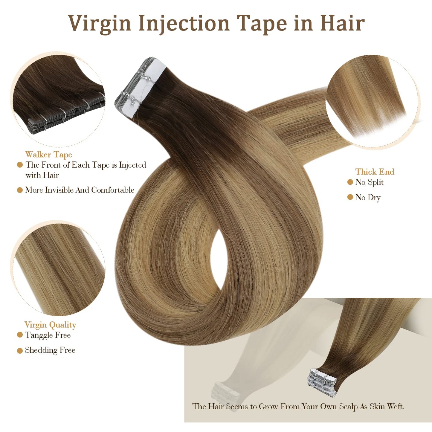 Full Shine Injection Tape In Hair Extensions, Brown Blonde 24 Inch Beauty and Personal Care Full Shine