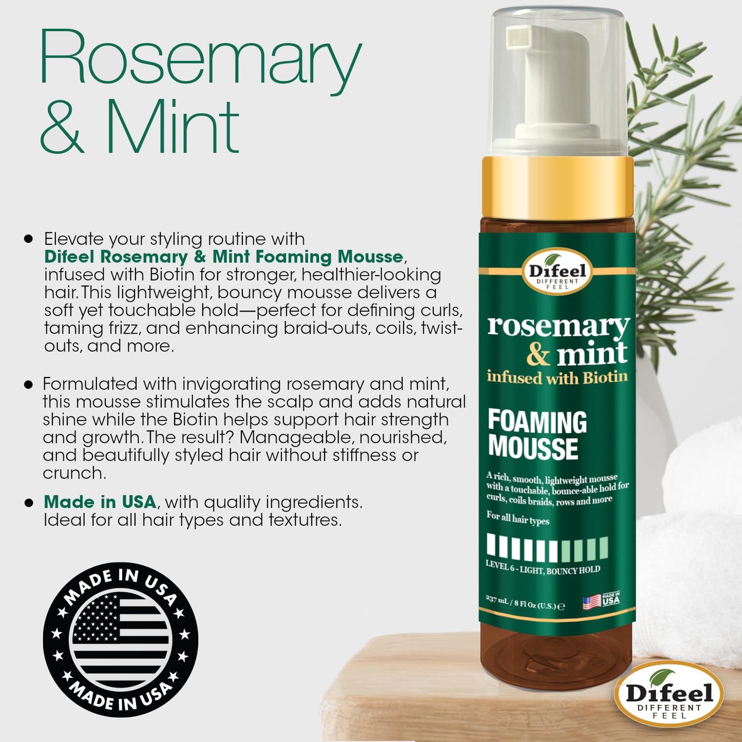 Difeel Rosemary & Mint Foaming Mousse 8 Ounces - Infused with Biotin, Level 6 Hold for Curls, Coil Braids, Rows and More Beauty & Personal Care Difeel