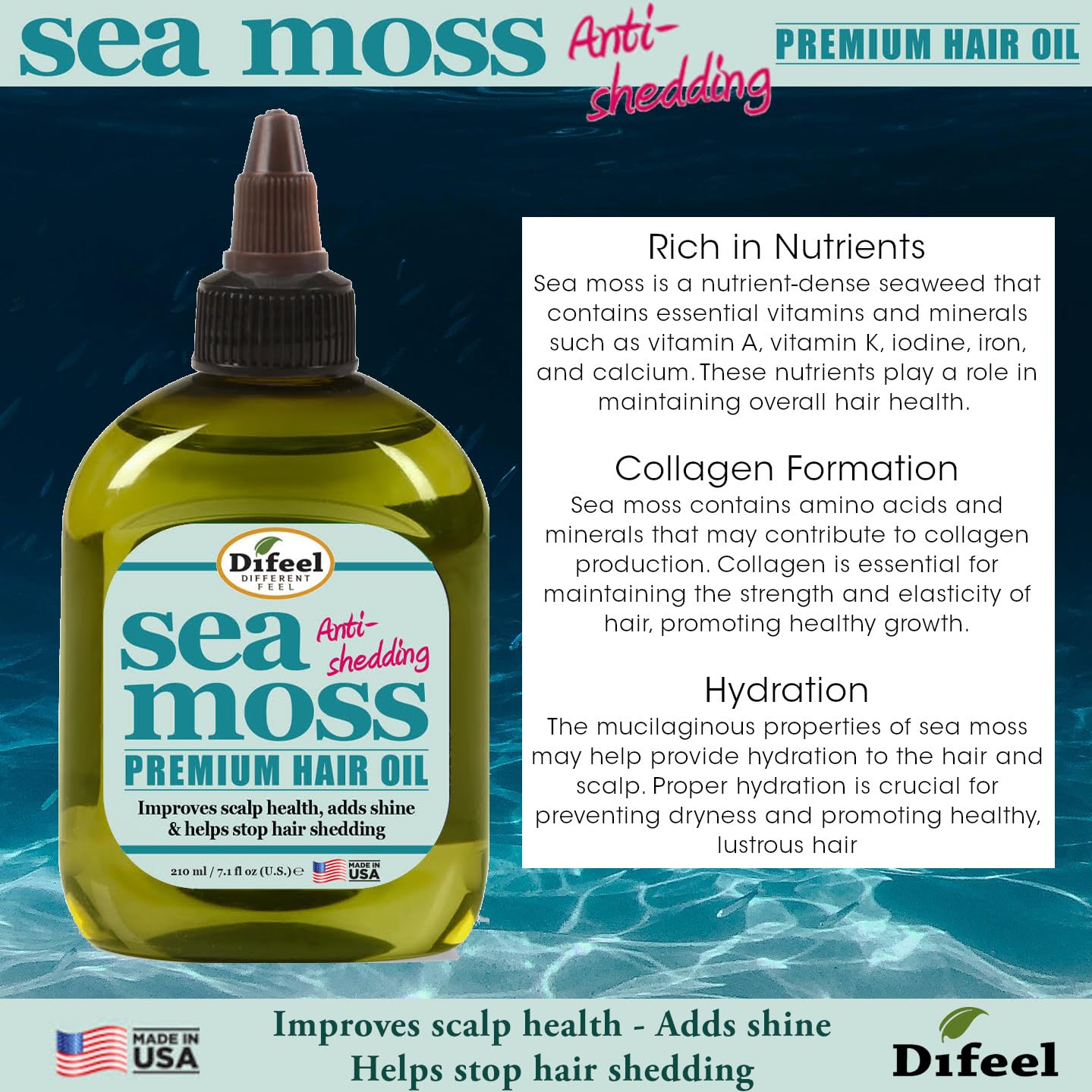 Difeel Premium Anti-Shedding Hair Oil with Sea Moss - 7.1 oz, For Hair Growth and Frizzy, Damaged or Dry Hair Beauty & Personal Care Difeel
