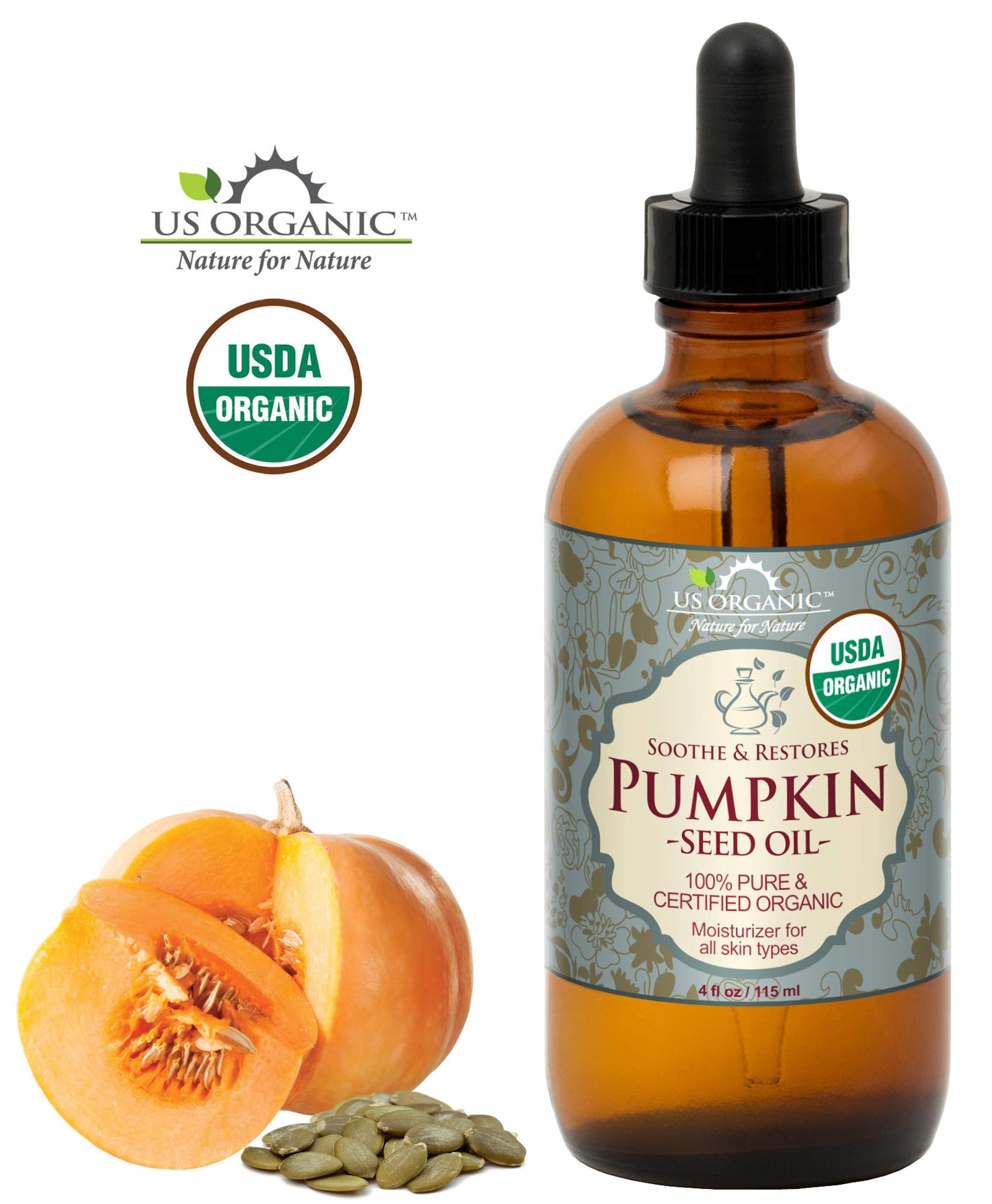 US Organic Pumpkin Seed Oil, USDA Certified Organic,100% Pure & Natural, Cold Pressed Virgin, Unrefined in Amber Glass Bottle w/Glass Eyedropper Beauty & Personal Care US Organic