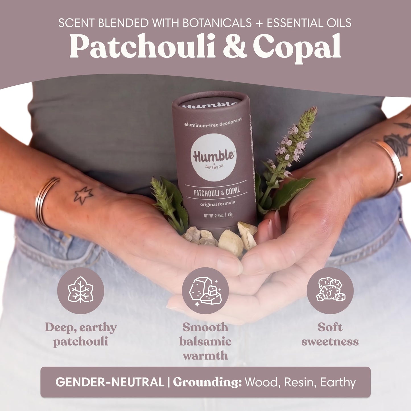 HUMBLE BRANDS Deodorant Stick, Patchouli & Copal - Aluminum-Free Deodorant for Women & Men with Baking Soda, Essential Oils & Beeswax - Underarm Beauty and Personal Care HUMBLE SIMPLE AND TRUE.