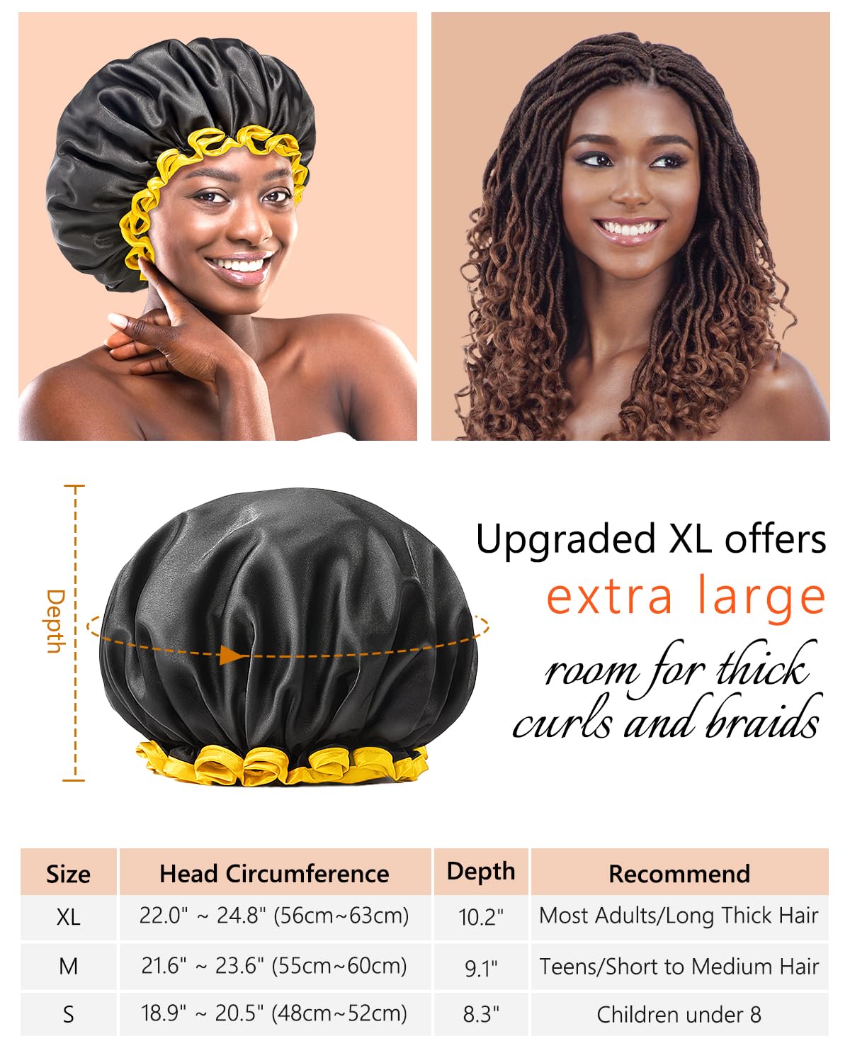 mikimini Extra Large Black Shower Caps Pack of 2 for Women and Men Thick Long Hair Braids, Reusable Waterproof Double Layers XL Bathing Hair Cap Beauty & Personal Care mikimini