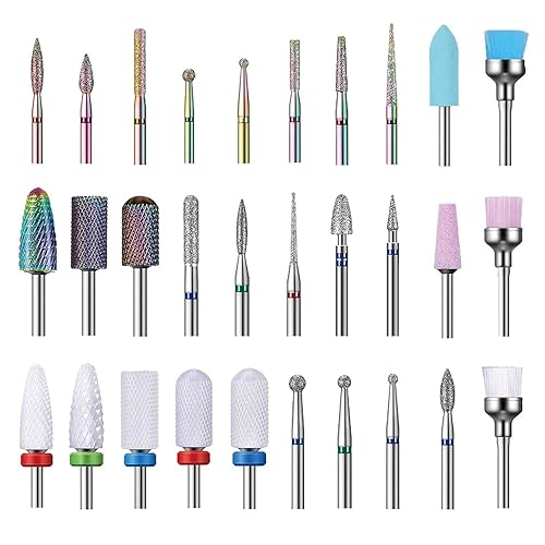 Nail Drill Bits Set, 3/32" Ceramic Tungsten Carbide Diamond Drill Kit,30Pcs Safety Professional Rotary Burrs Polish Nail File Bit for Acrylic Poly Beauty & Personal Care Bunhum