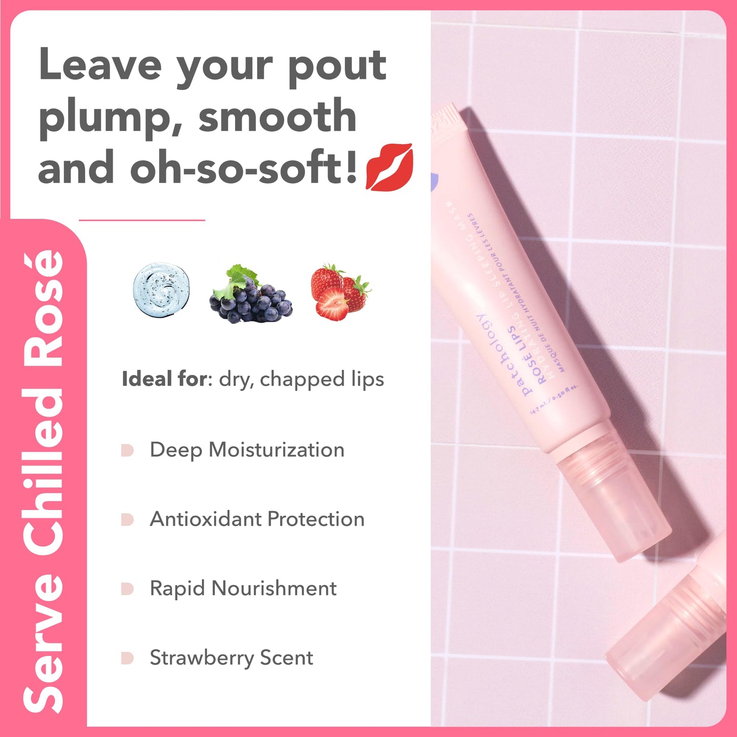 Patchology Rosé Lip Sleeping Mask - Overnight Lip Mask with Hyaluronic Acid and Resveratrol - Hydrating and Repairing Lip Gloss Treatment softens Beauty & Personal Care Patchology