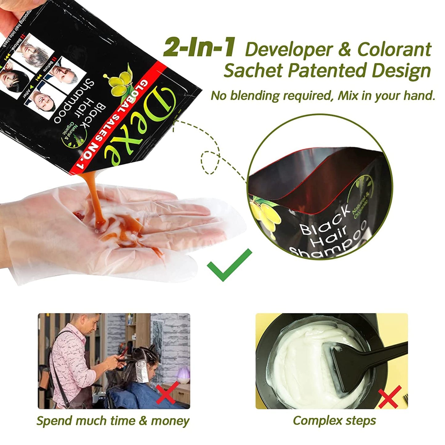 Instant Hair Dye - Black Hair Shampoo - (3) Black Colour - Simple to Use - Last 30 days - Natural Ingredients Beauty & Personal Care Dexe