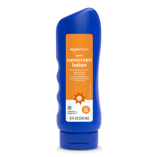 Amazon Basics Sport Sunscreen Lotion SPF 30, Water Resistant (80min), Formulated without Octinoxate & Oxybenzone, Broad Spectrum UVA/UVB Protection, 8 Beauty & Personal Care Amazon Brand - Solimo
