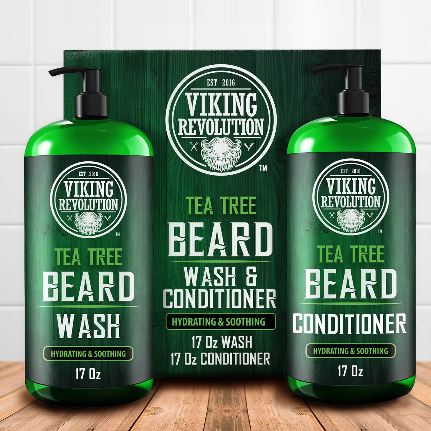 Viking Revolution Tea Tree Oil Beard Wash and Beard Conditioner For Men - Natural Beard Softener Set with Argan Oil, Vitamin E and Ginseng - Beard Beauty & Personal Care Viking Revolution