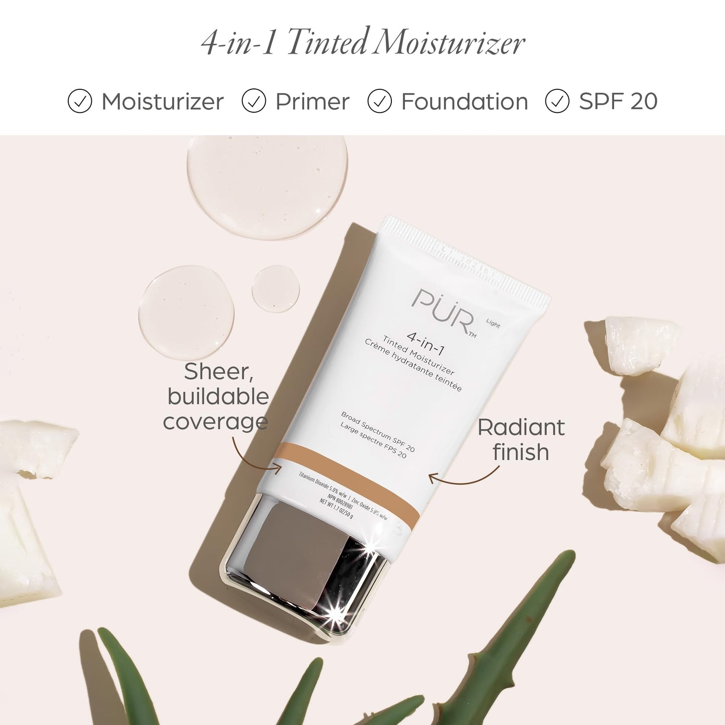 PÜR MINERALS 4-in-1 Tinted Moisturizer with SPF 20 - Hydrating Skin Tint Face Moisturizer, Primer & Foundation with Shea Butter, Aloe Vera & Vitamin Beauty & Personal Care PÜR MINERALS