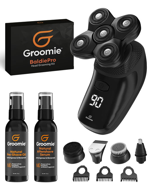 GROOMIE No Hair, Don't Care Bundle - 5D BaldiePro Electric Head Shavers for Bald Men, Natural Pre-Shave Oil to Promote Close Shave, & Natural Beauty and Personal Care Groomie