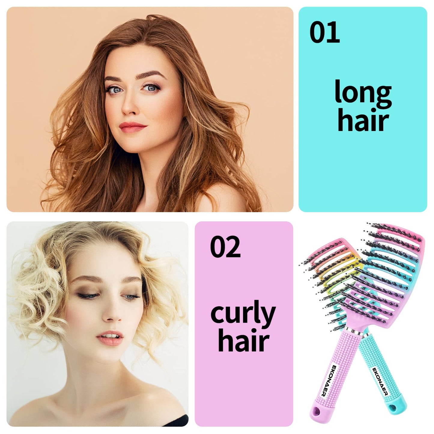 2 Pack Detangling Brush Getting Knots Out without Pain Adds Shine and Makes Hair Smooth,Detangler Boar Bristle Hair Brush for Adult & Kids Wet or Dry Beauty and Personal Care EKONAER