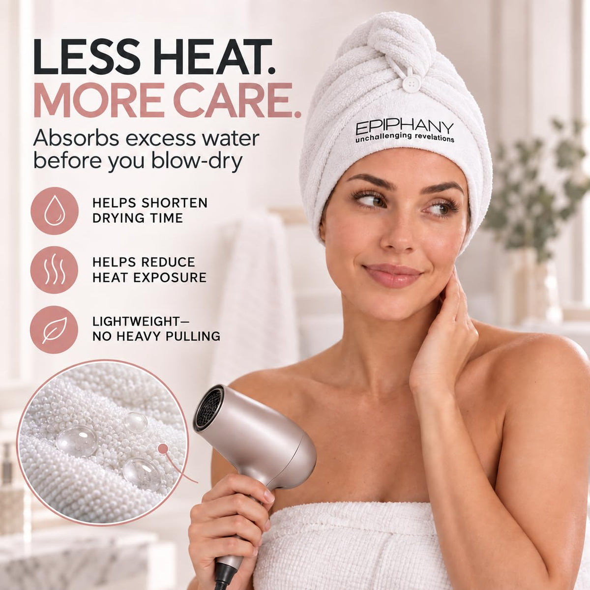 Epiphany Microfiber Hair Towel - Fast Drying, Super Absorbent & Soft Turban Wrap with Button Closure - Lightweight Hair Wrap for Curly, Straight,