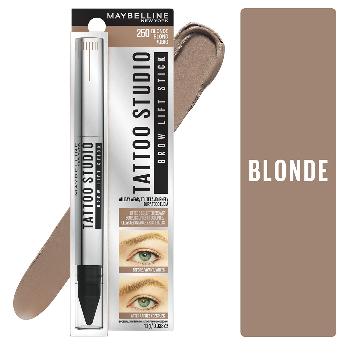 Maybelline TattooStudio Brow Lift Stick Makeup with Tinted Wax Conditioning Complex, Blonde, 1 Count Beauty & Personal Care MAYBELLINE
