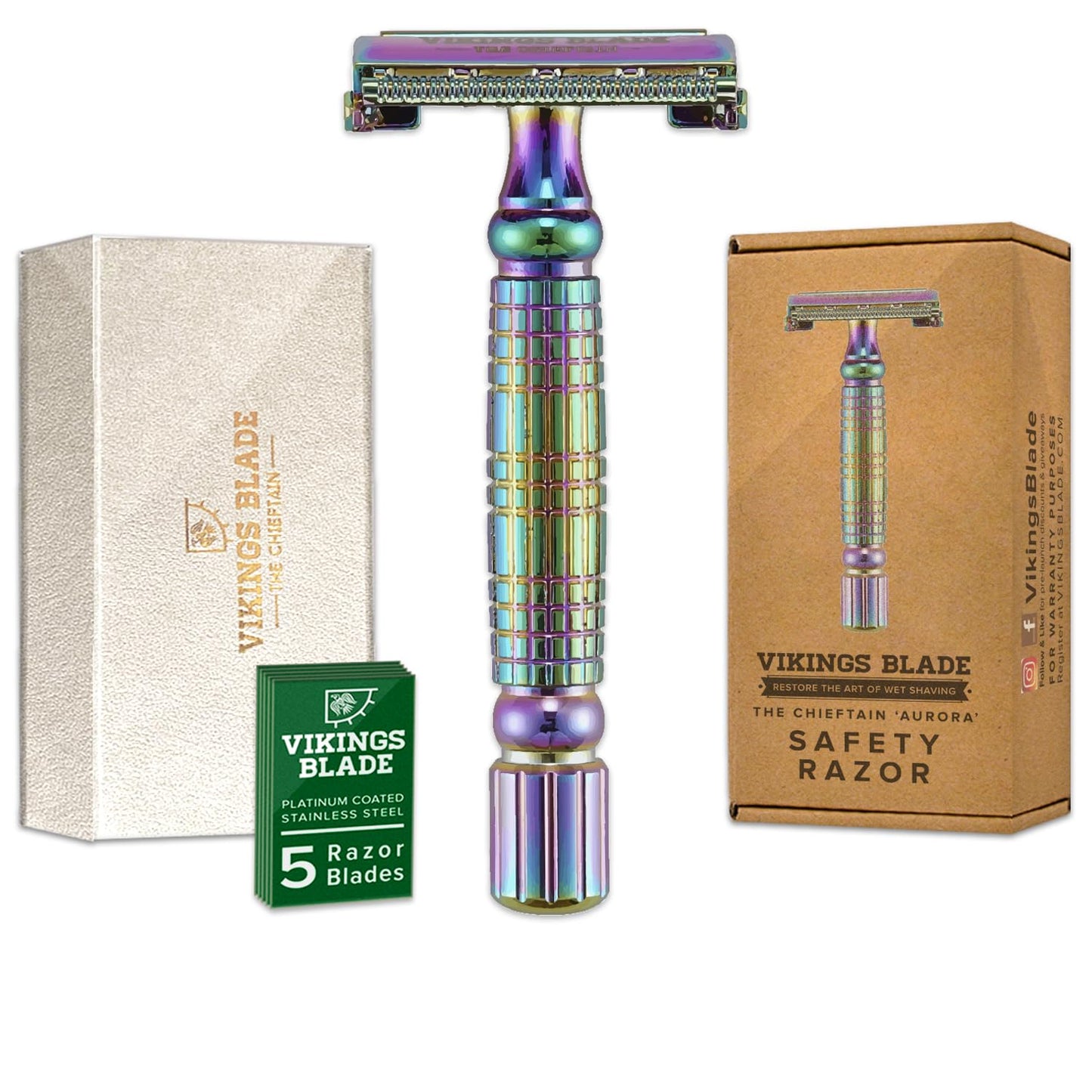VIKINGS BLADE Double Edge Safety Razor + 5 Swedish Steel Blades + Luxury Case. Smooth, Reusable, Recyclable (Chieftain "Aurora") Beauty and Personal Care Vikings Blade