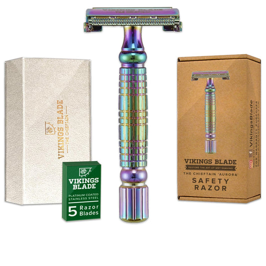 VIKINGS BLADE Double Edge Safety Razor + 5 Swedish Steel Blades + Luxury Case. Smooth, Reusable, Recyclable (Chieftain "Aurora") Beauty and Personal Care Vikings Blade