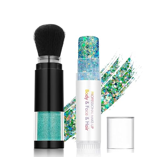 Holographic Mermaid Glitter Makeup Kit: 2-in-1 Body & Face Stick & Loose Powder with Built-in Brush for Festival, Rave, Concert, Carnival | Shimmery Beauty & Personal Care FindinBeauty