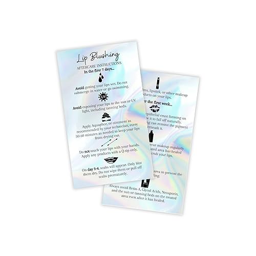 Lip Blush Aftercare Instructions Card | 50 Pack | 2x3.5" inches Business Card Size | Lip Glow Lip Blush PMU Lip Tint Lip Tattoo | Holographic Design Beauty & Personal Care Boutique Marketing LLC