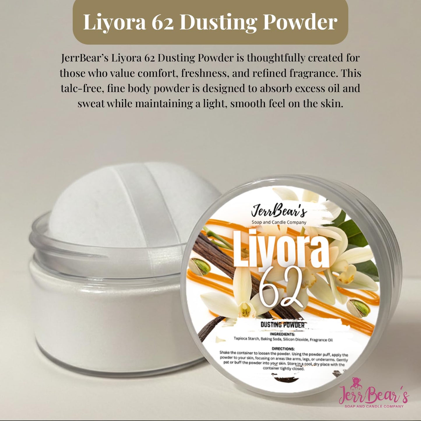 JerrBear’s Liyora 62 Dusting Powder, Talc Free Body Formula for Women, Soft Scented Skin Care, Gentle Powder for Daily Freshness, (4oz Jar) Beauty & Personal Care JerrBear’s