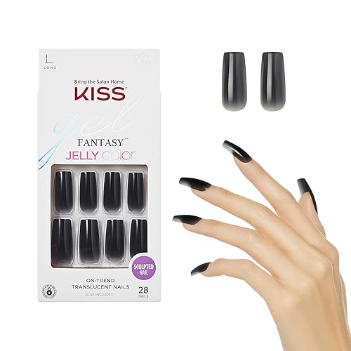 KISS Gel Fantasy Press On Nails, Nail glue included, 'Jelly Gelée', Black, Long Size, Square Shape, Includes 28 Nails, 2g glue, 1 Manicure Stick, 1 Beauty & Personal Care KISS
