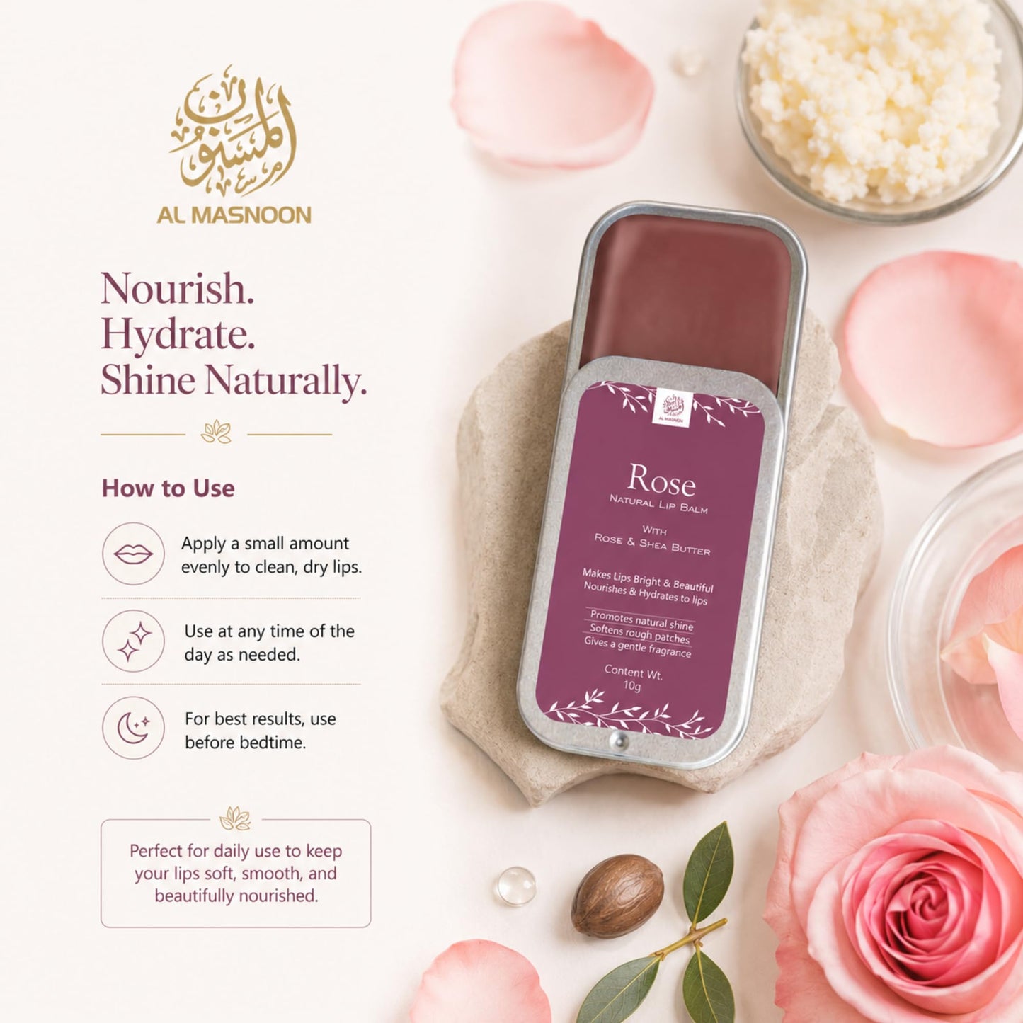 AL MASNOON 100% Natural Rose Lip Balm with Shea Butter & Rose Extract - Nourishing & Moisturizing 10g Pack, No Color Added for Soft, Smooth Lips Beauty and Personal Care al masnoon