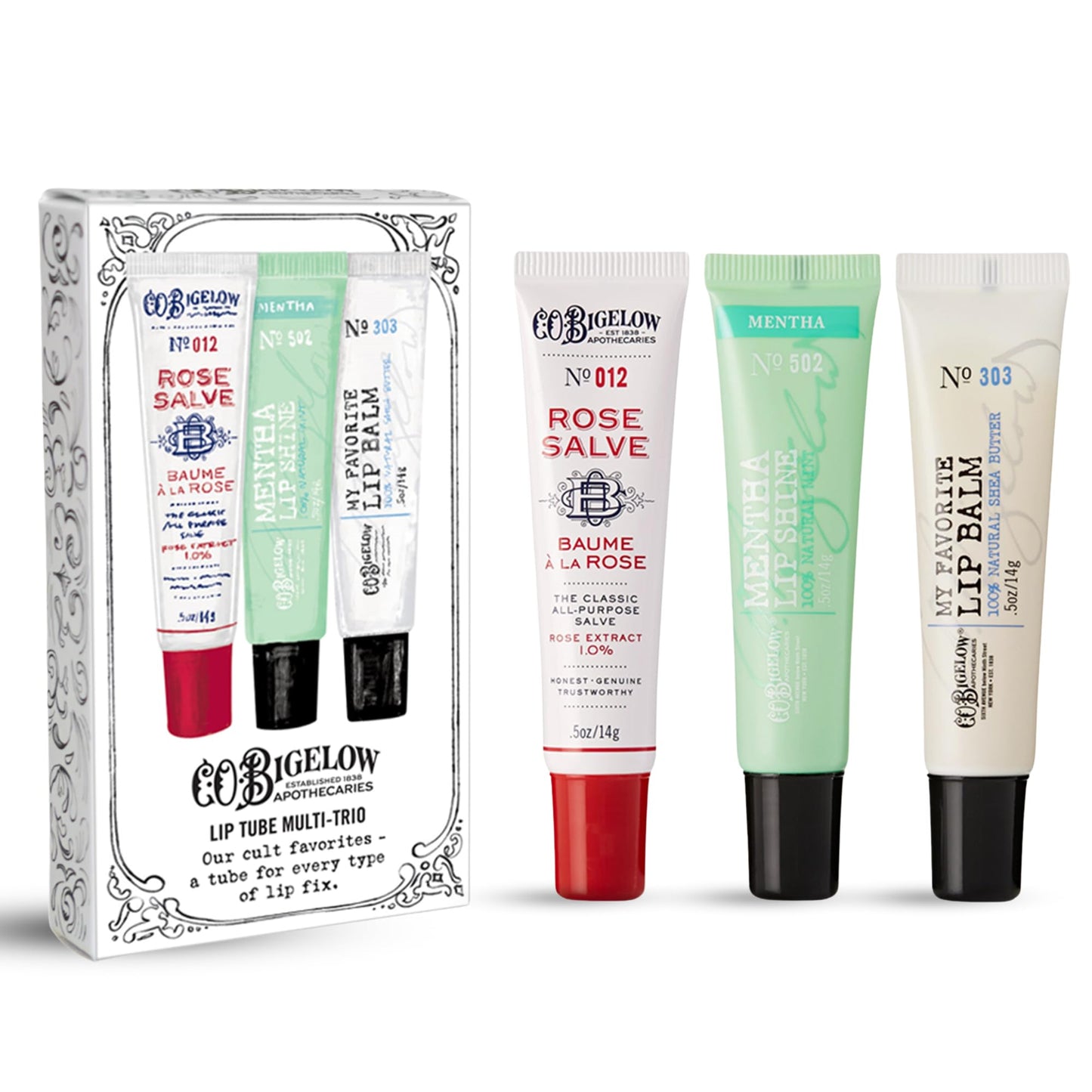 C.O. Bigelow Assorted Lip Balm Tubes Trio, Rose Salve, My Favorite Lip Balm, & Mentha Shine, Pack of 3 Lip Care Set, 0.5 oz Beauty and Personal Care C. O. Bigelow