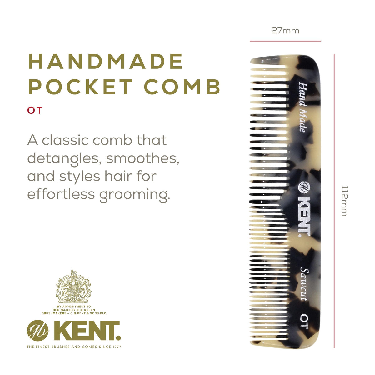 Kent OT TW Pocket Comb - Handmade Fine and Wide Tooth Hair Comb for Men, Women, and Kids - Travel, Beard, and Mustache Comb - Saw Cut and Hand