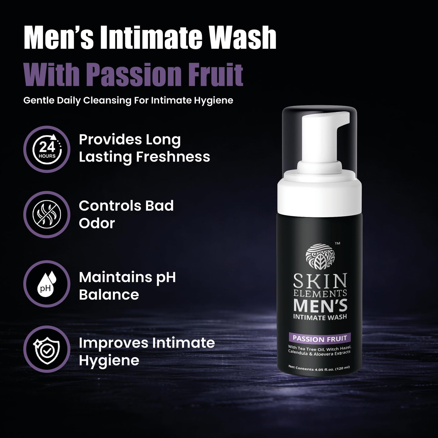 Skin Elements Intimate Wash for Men with Passion Fruit (4.05 Fl Oz) | pH Balanced Foaming Intimate Wash | Prevents Itching, Irritation & Bad Odor | Beauty & Personal Care Skin Elements