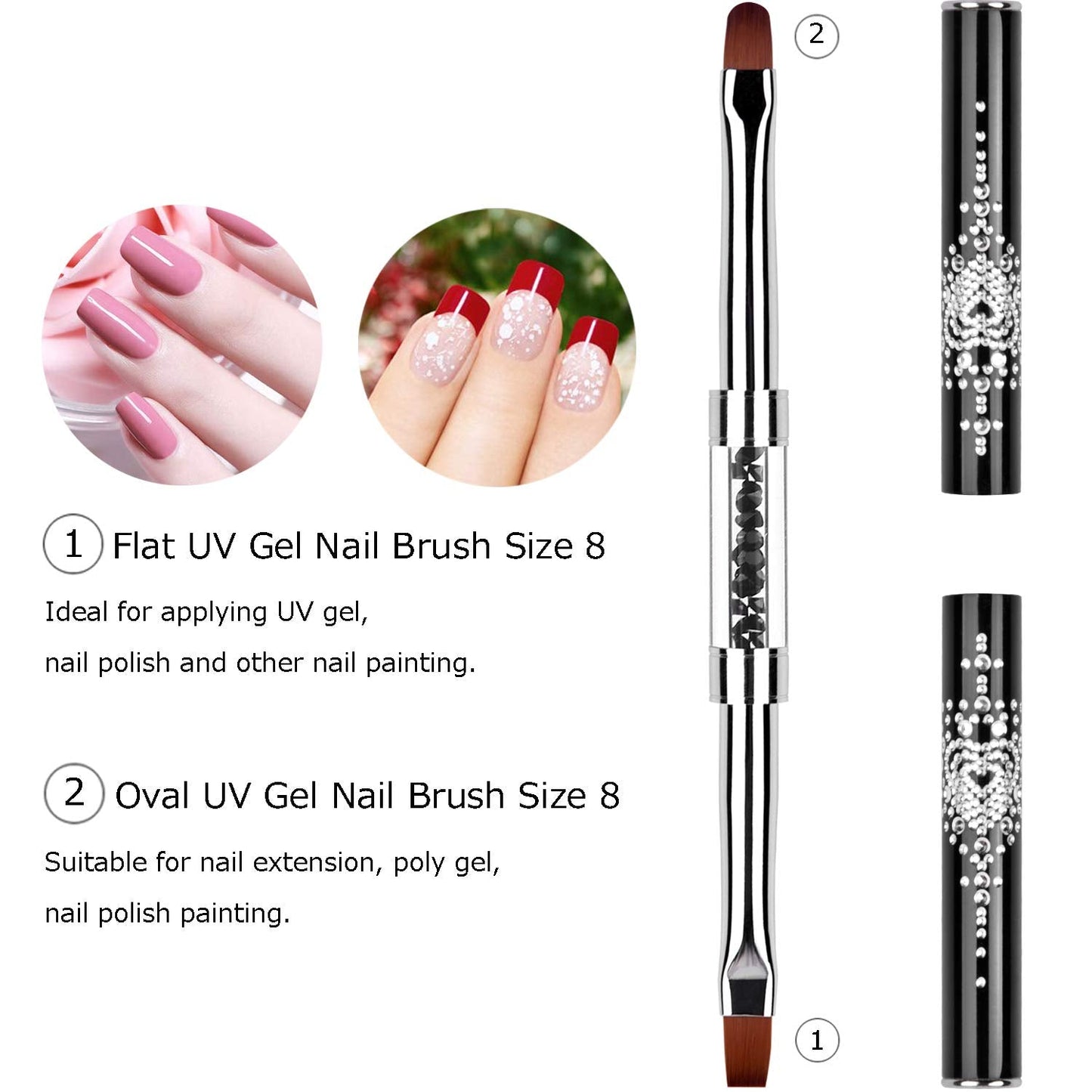 Ycyan 2Pcs Dual-ended Nail Design Brushes Rhinestone Handle UV Gel Nail Brush Set Professional Nail Art Tools Beauty & Personal Care Ycyan