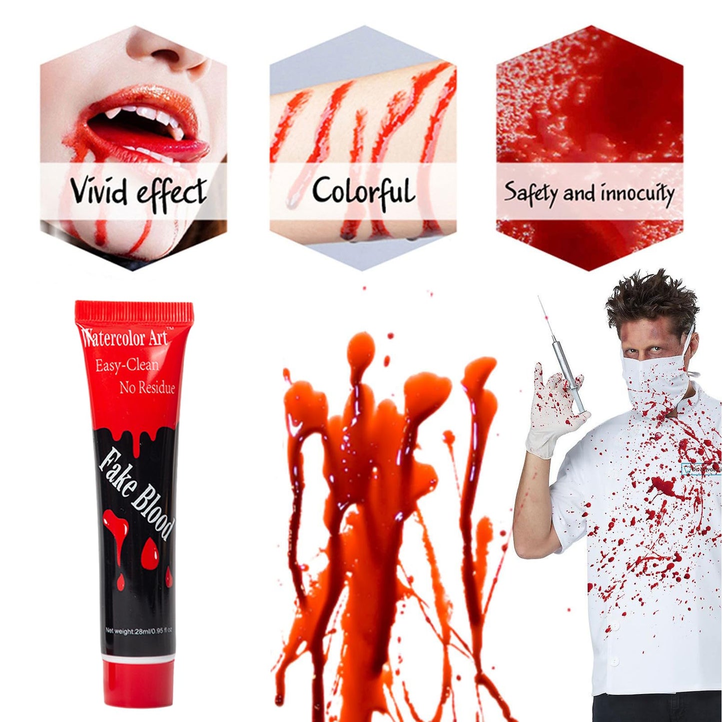 Halloween Fake Blood Washable, Halloween Blood Splatter Realistic Effect Sticky Blood for Clothes, Zombie Bride, Clown, Vampire and Monster, Halloween Beauty & Personal Care KSIEE
