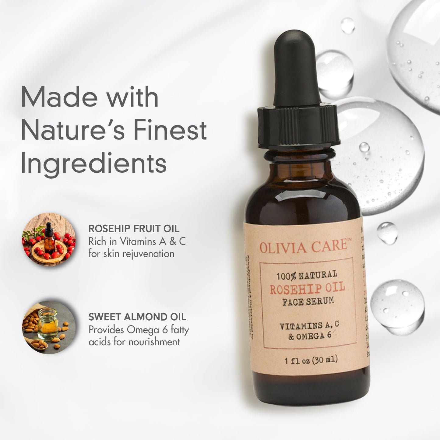 Rosehip Seed Oil Serum By Olivia Care Natural Moisturizer for Face, Body & Skin with Vitamins E, C, A & Omega 6, Perfect for Treating Wrinkles, Acne Beauty & Personal Care Olivia Care