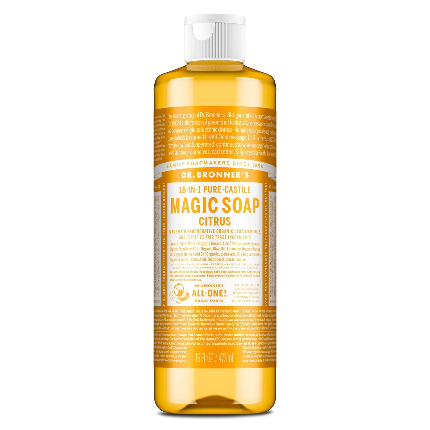 Dr. Bronner's Magic Soap-Pure-Castile Liquid Soap (Citrus, 16 oz, 1-Pack) - Made with Regenerative Organic Certified Oils, 18-in-1 Uses: Body, Hair Beauty & Personal Care Dr. Bronner's