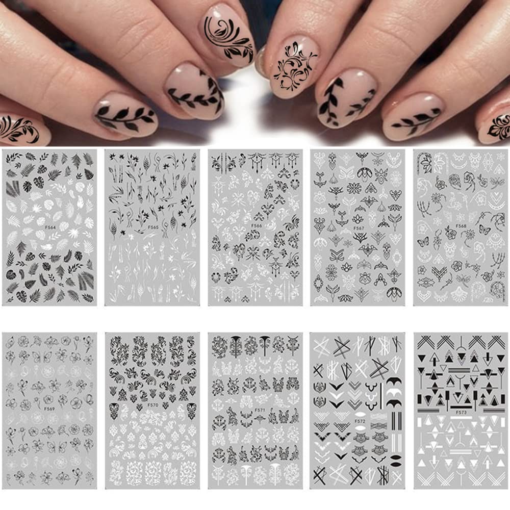 10 Sheets Black White Leaves Flowers Nail Stickers Decals,3D Self- Adhesive Retro Flower Vintage Vine Rose Flower Butterflies Nail Sticker for Women Beauty & Personal Care XMMXNBJ
