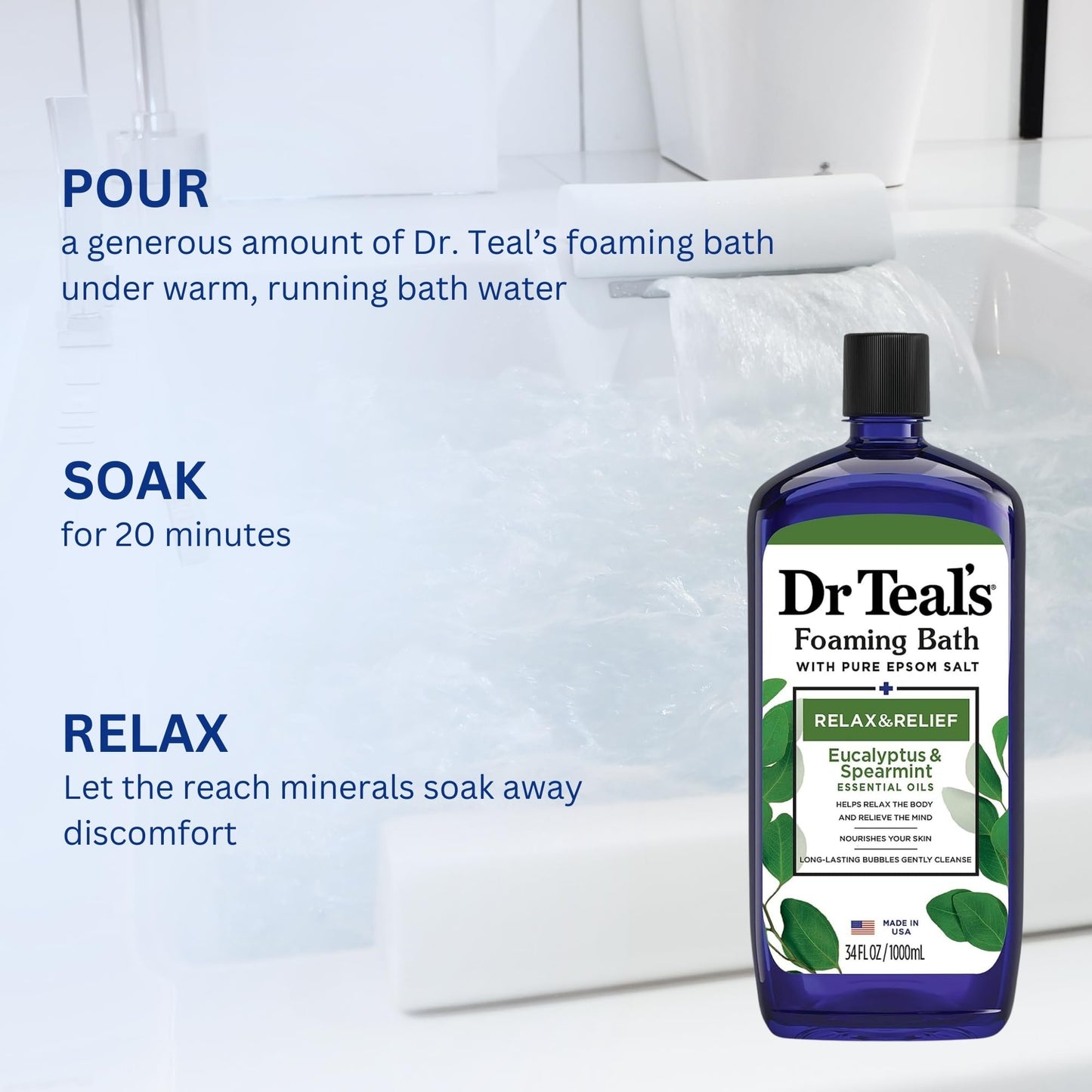 Dr. Teal's Eucalyptus and Spearmint Foaming Bath 34oz Bottles (Pack of 2) with Variety Junction Premium Bath Sponge - Relax and Relief, Bubble Bath Beauty and Personal Care Variety Junction