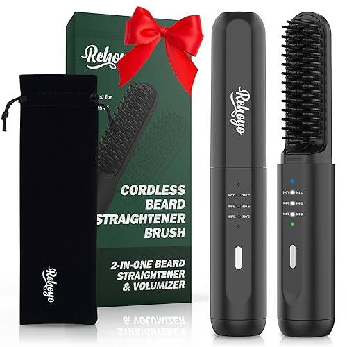 Beard Straightener for Men, Portable Cordless Heated Hair & Beard Straightening Brush with Anti-Scald & Ionic Technology, 3 Temperature Setting Comb Beauty & Personal Care REHOYO