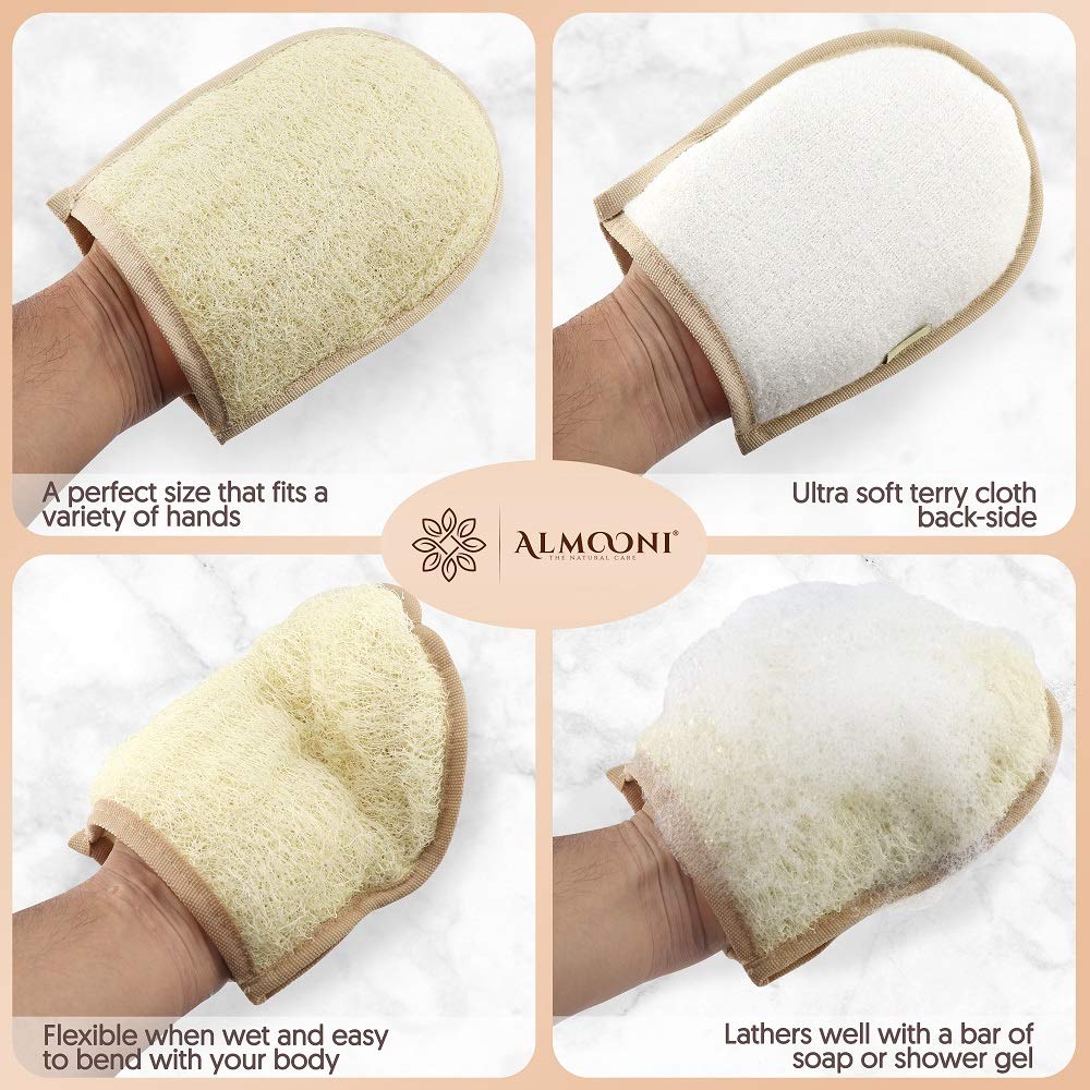 Premium Exfoliating Loofah Glove Pad Body Scrubber. Our Mitt Gloves are Made of Natural Egyptian Shower Loufa Sponge That Gets You Clean, Not Just Beauty & Personal Care ALMOONI