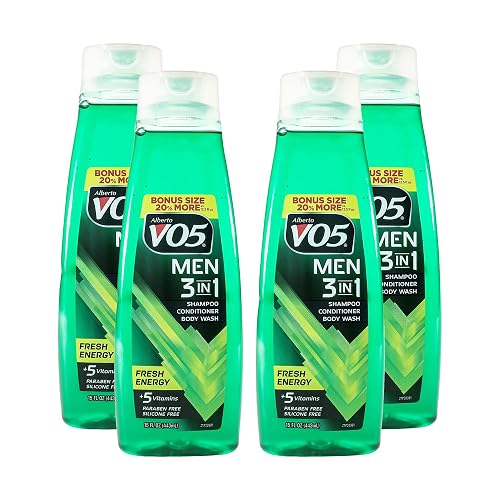 Alberto VO5 Men 3 in 1 Fresh Energy - Shampoo Conditioner and Body Wash - With 5 Oils and 5 Vitamins - Long Lasting Scent - 15 oz - Pack of 4 Beauty & Personal Care VO5