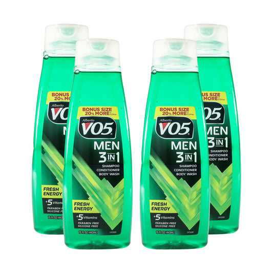 Alberto VO5 Men 3 in 1 Fresh Energy - Shampoo Conditioner and Body Wash - With 5 Oils and 5 Vitamins - Long Lasting Scent - 15 oz - Pack of 4 Beauty & Personal Care VO5