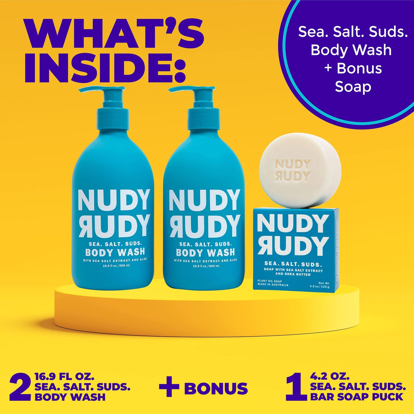 Nudy Rudy Sea Salt Suds 2 Pack, Liquid Body Wash Bundle, Aloe Vera and Vitamin E, Moisturizing Shower Gel for Men and Women 16.9 fl oz and 4.2 oz Beauty & Personal Care Nudy Rudy