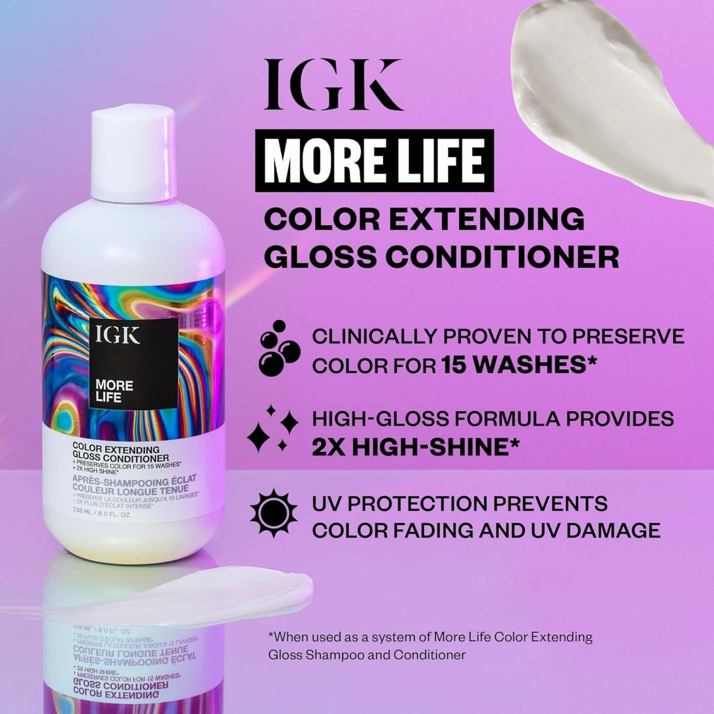 IGK MORE LIFE Color Extending Gloss Shampoo & Conditioner Set | Preserves Color + Enhances Shine | UV Protection | Vegan + Cruelty-Free | 8 oz (Pack Beauty & Personal Care IGK