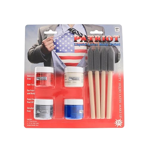 Liquid Latex Patriot Set Four 1-Ounce Bottles - Red, White, Blue & Silver + 4 Brushes, Body Paint Kit for Festivals, Costumes, & Creative FX Beauty & Personal Care Liquid Latex Fashions