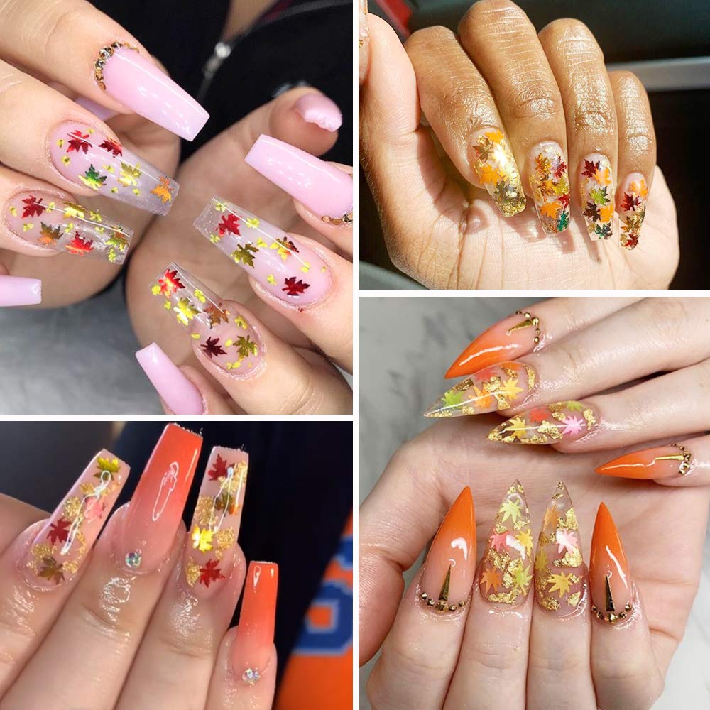 12 Colors Fall Leaf Glitter Nail Sequins - 3D Maple Leaf Holographic Nail Art Flakes Colorful Confetti Glitter Sticker Decals Manicure Nail Art Design Beauty & Personal Care Qdsuh