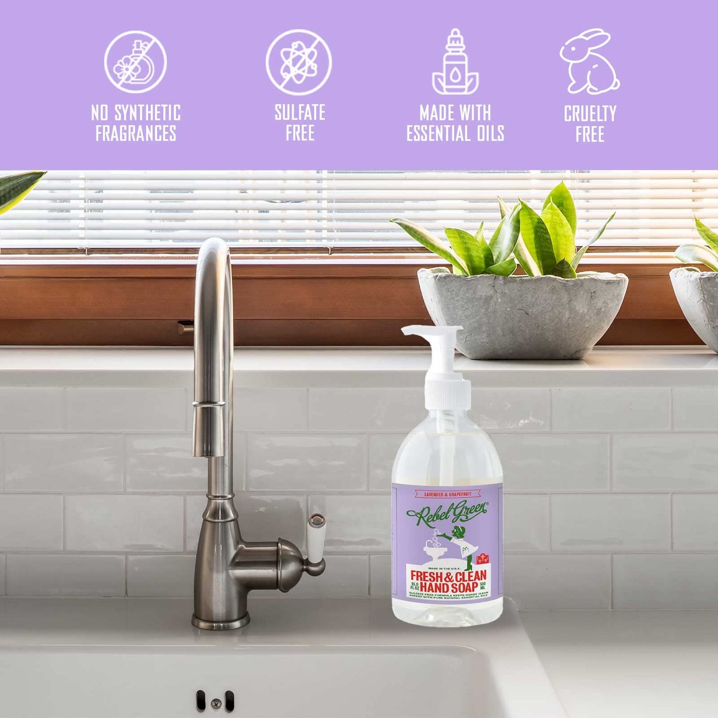 Rebel Green Liquid Hand Soap - Moisturizing Natural Bathroom & Kitchen Liquid Soap - Gentle Household Hand Wash (Lavender & Grapefruit, 16.90 Fl Oz Beauty & Personal Care Rebel Green