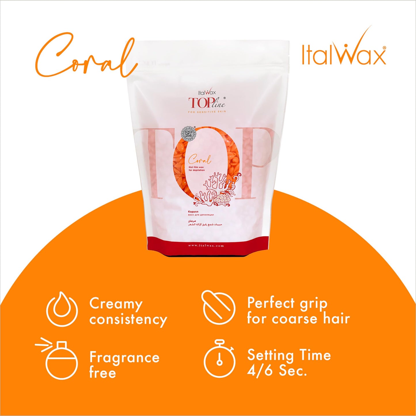 Italwax Top Line Coral Hard Wax Beads 1.65 lb (750 g) - Creamy Strong Grip Wax for Bikini & Coarse Hair, Suitable for Sensitive Skin, Professional Use Beauty and Personal Care Italwax