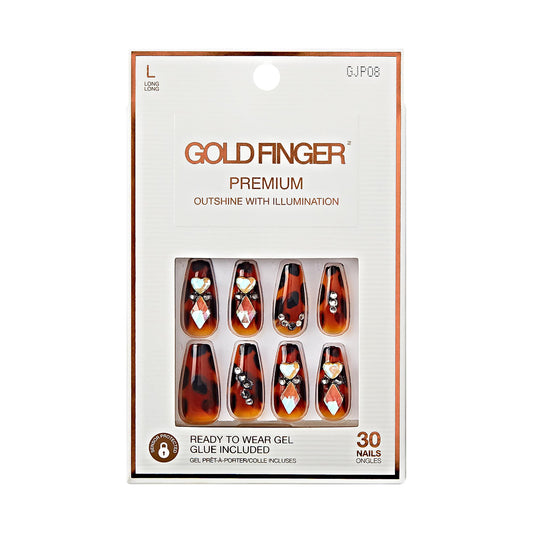 GoldFinger Premium Luxury False Nails Kit, Ready to Wear Leopard Nails, Manicure Stick and Glue Included, Long Coffin Shape with 3D Rhinestones