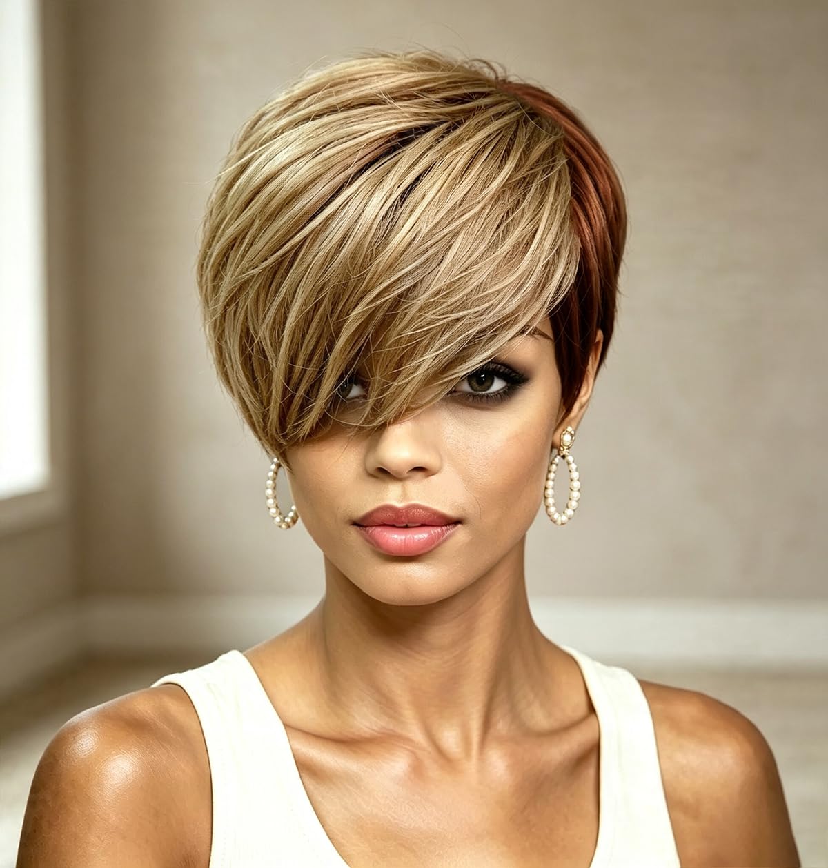 Naseily Hair Mixed Brown Hairstyles with Bangs Synthetic Short Wigs for Black Women Short Hairstyle Synthetic Hair (NAS-7344)