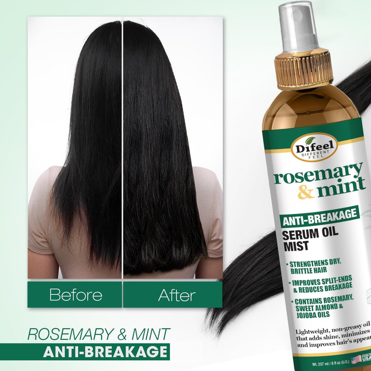 Difeel Rosemary and Mint Anti-Breakage Serum Oil Mist 8 oz. - Hair Strengthening Serum Mist, Reduces Split Ends, Reduces Breakage and Frizz